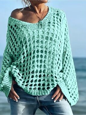 NWOT Open-Knit Off-Shoulder Women's Sweater in Bright Blue, Multiple Sizes